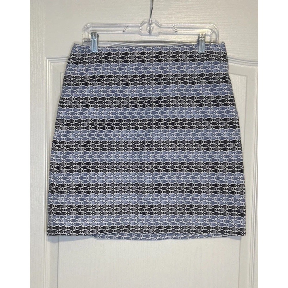 Talbots Women 8 Fish Pattern Pencil Skirt Blue Black White Side Zip Short